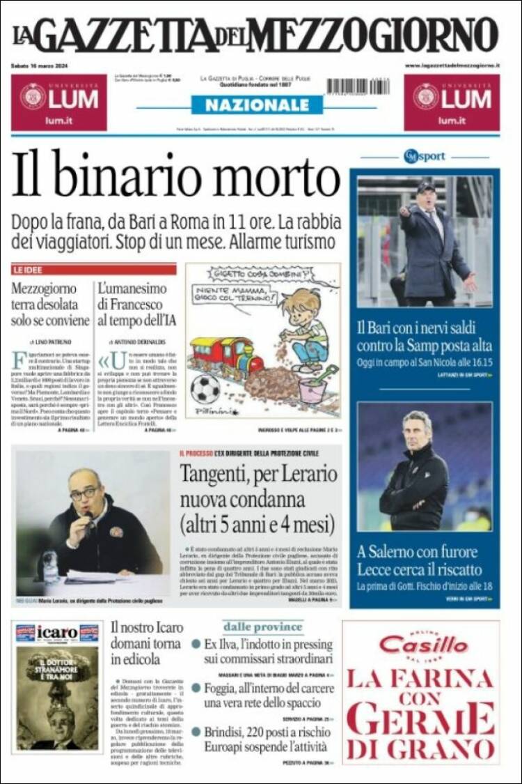 Portada de La Gazzetta del Mezzogiorno (Italia)