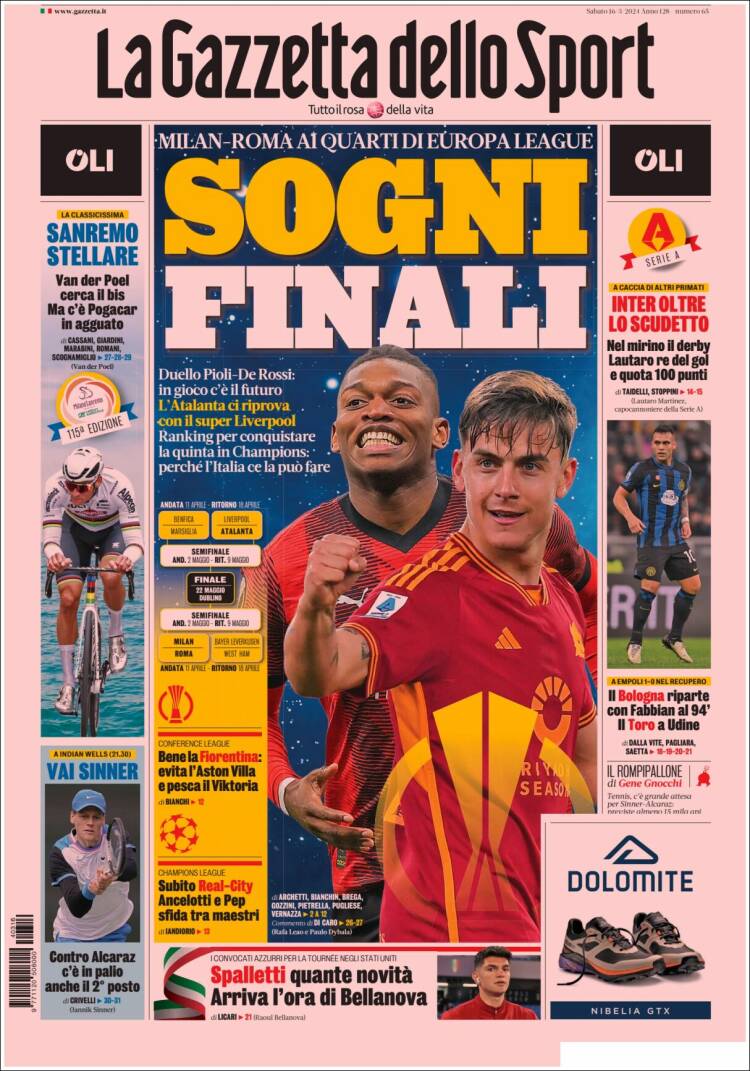 Portada de La Gazzetta dello Sport (Italia)