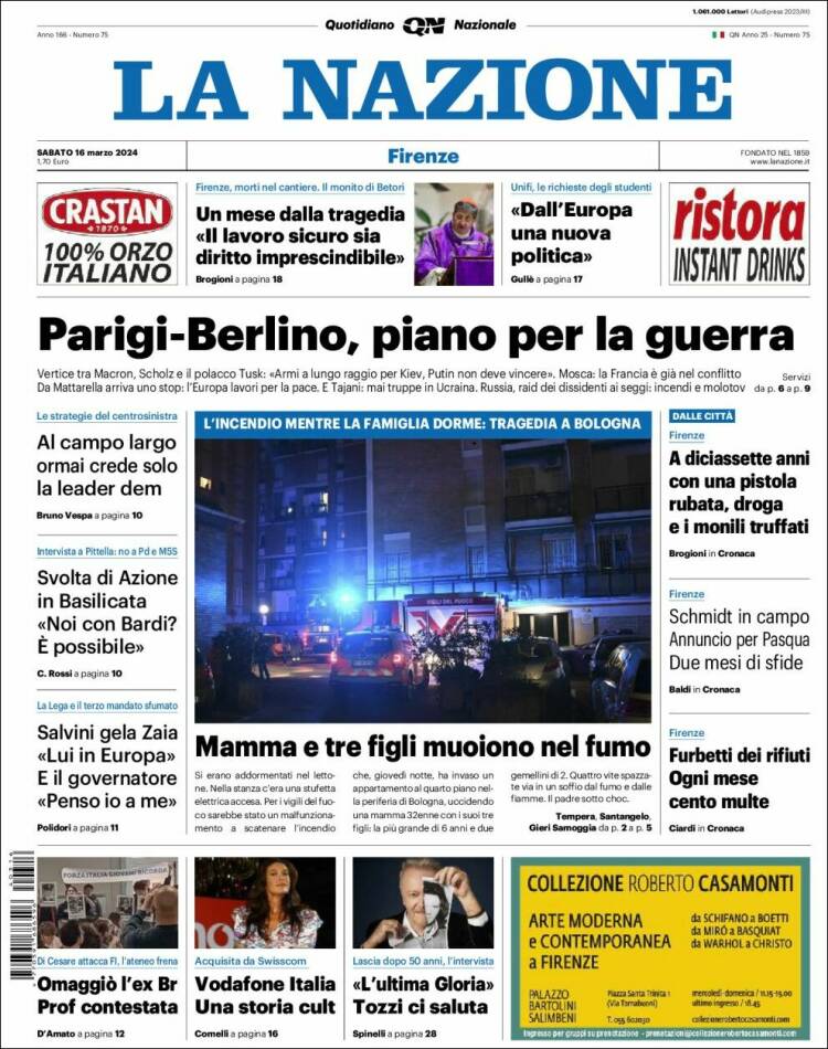 Portada de La Nazione (Italia)