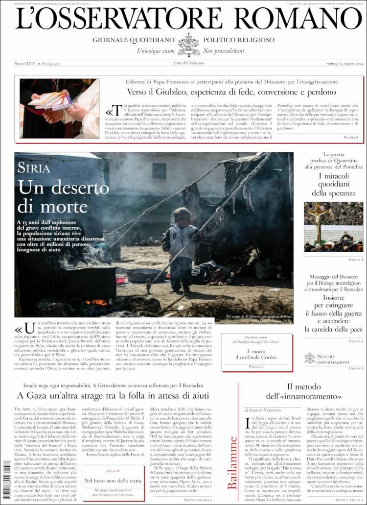 Portada de L'Osservatore Romano (Italia)