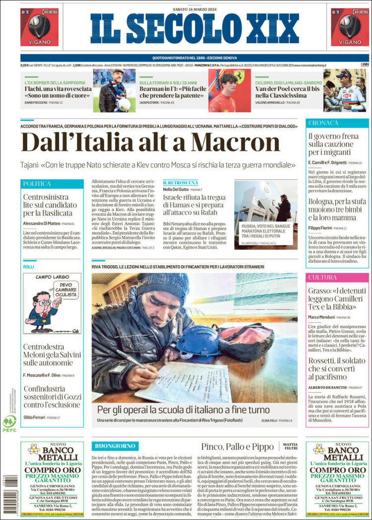 Portada de Il Secolo XIX (Italia)