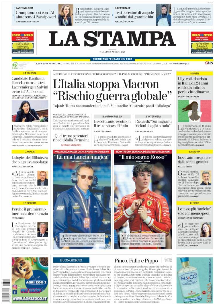 Portada de La Stampa (Italia)