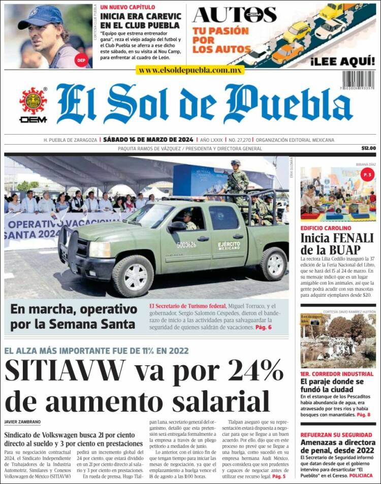 Portada de El Sol de Puebla (M&eacute;xico)