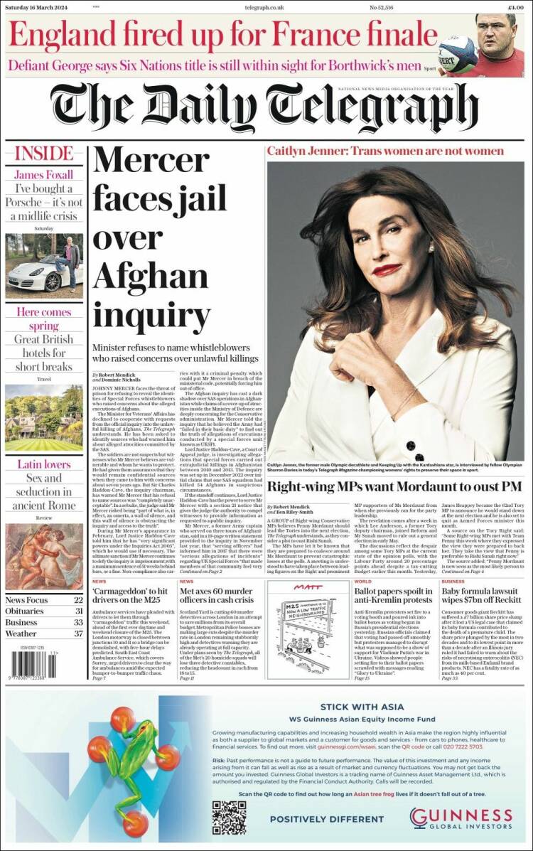 Portada de Daily Telegraph (Reino Unido)