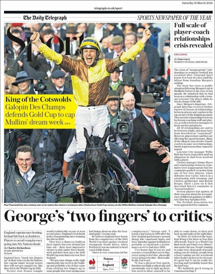 Portada de Telegraph Sport (Reino Unido)