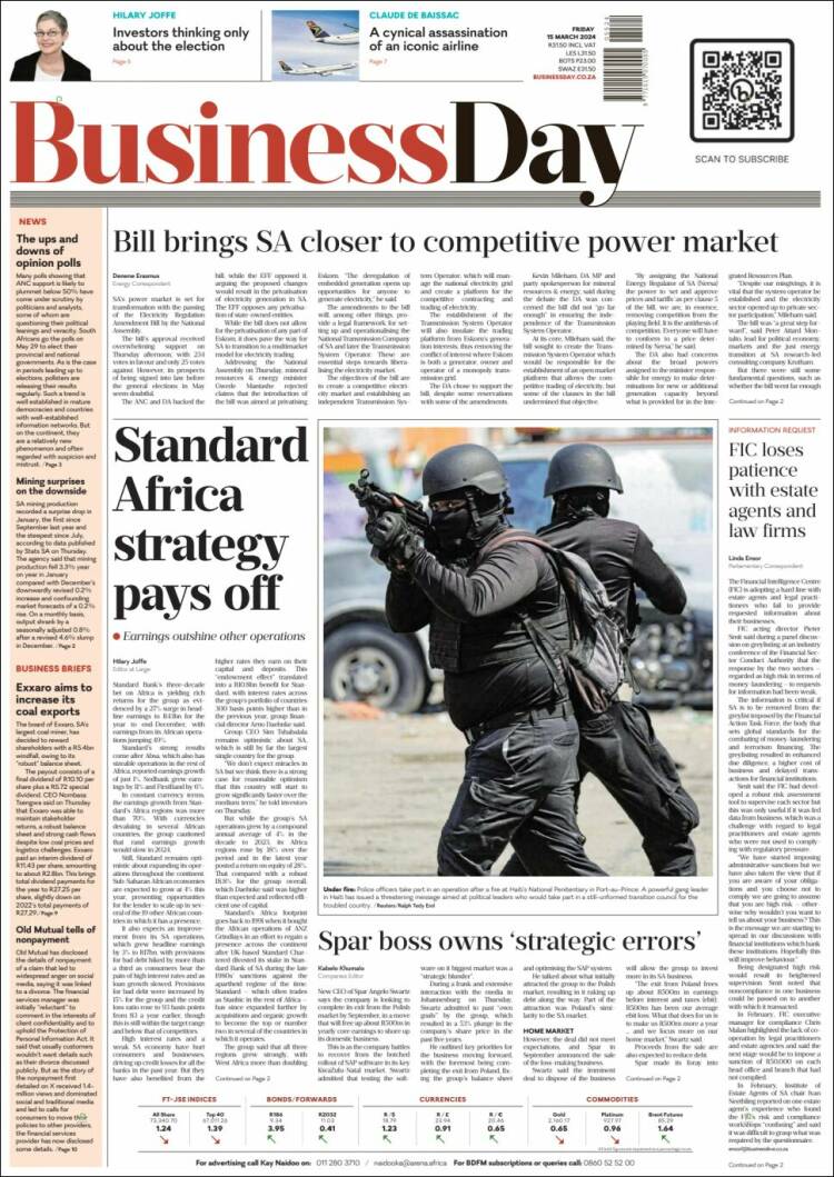 Portada de Business Day (Sud&aacute;frica)