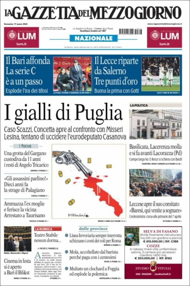 Portada de La Gazzetta del Mezzogiorno (Italia)