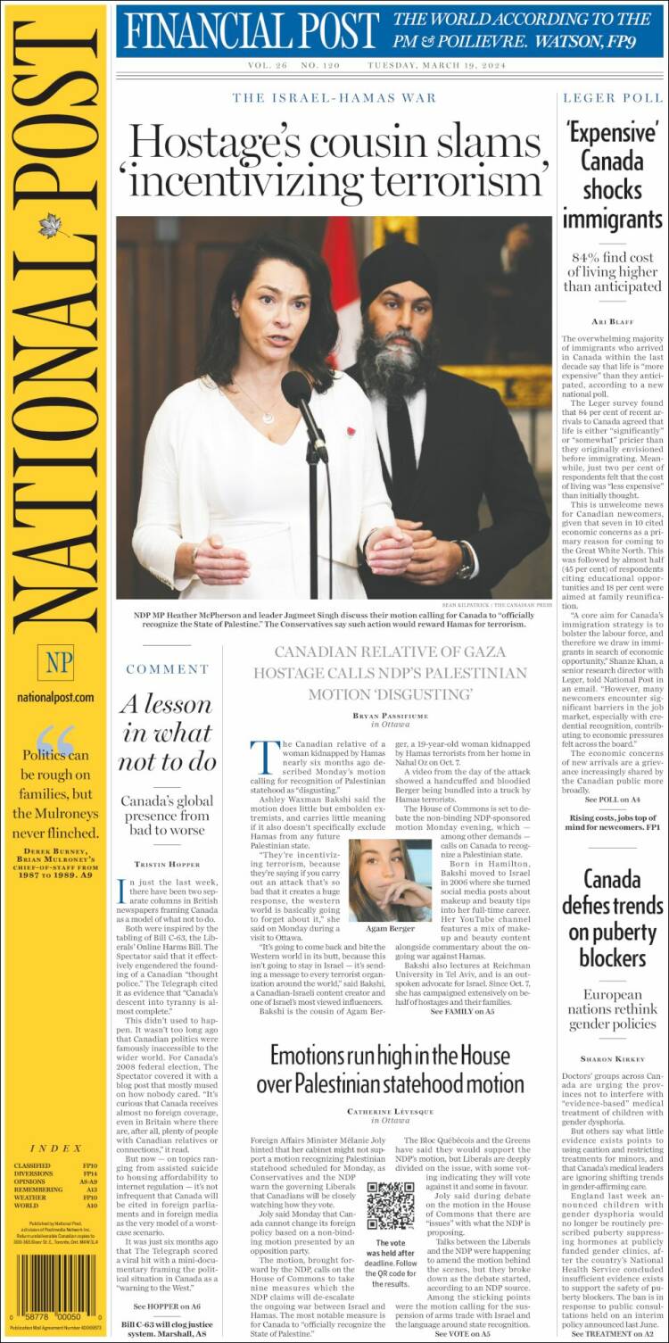 Portada de The National Post (Canadá)