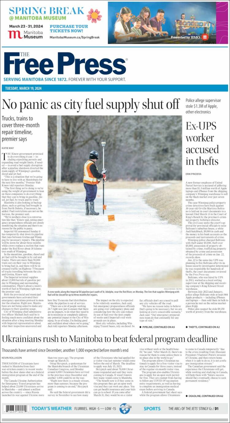 Portada de Winnipeg Free Press (Canadá)