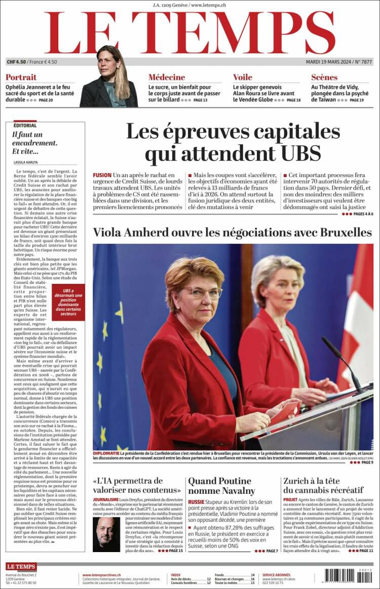 Portada de Le Matin (Suiza)