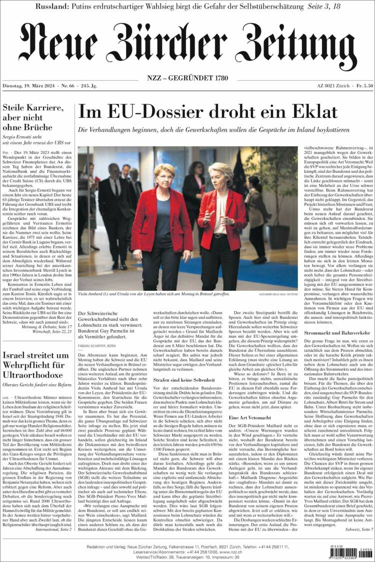 Portada de Neue Zürcher Zeitung (Suiza)