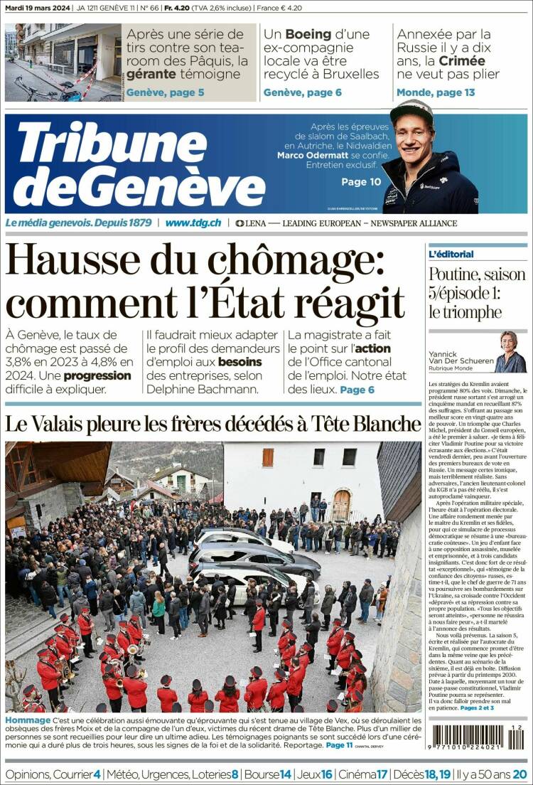 Portada de La Tribune de Genève (Suiza)