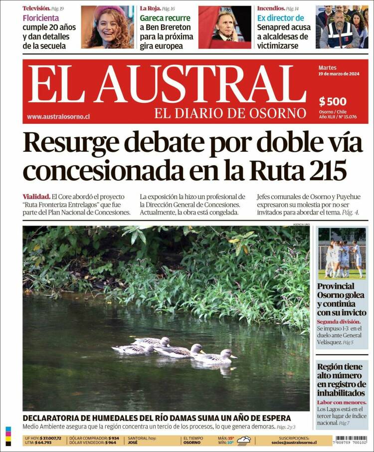 Portada de El Austral de Osorno (Chile)