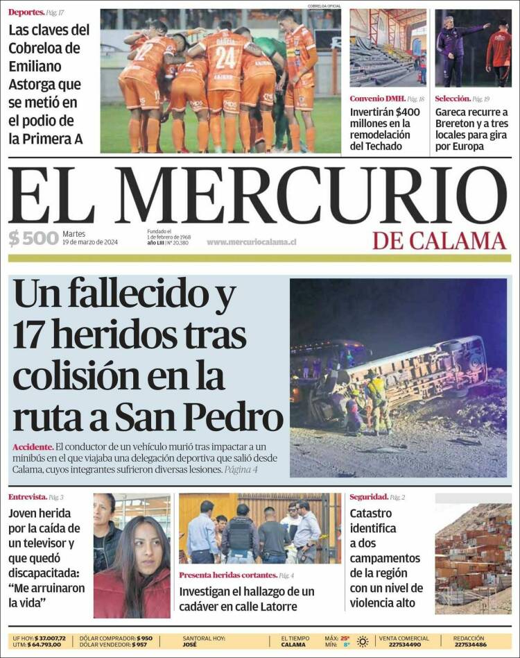 Portada de El Mercurio - Calama (Chile)