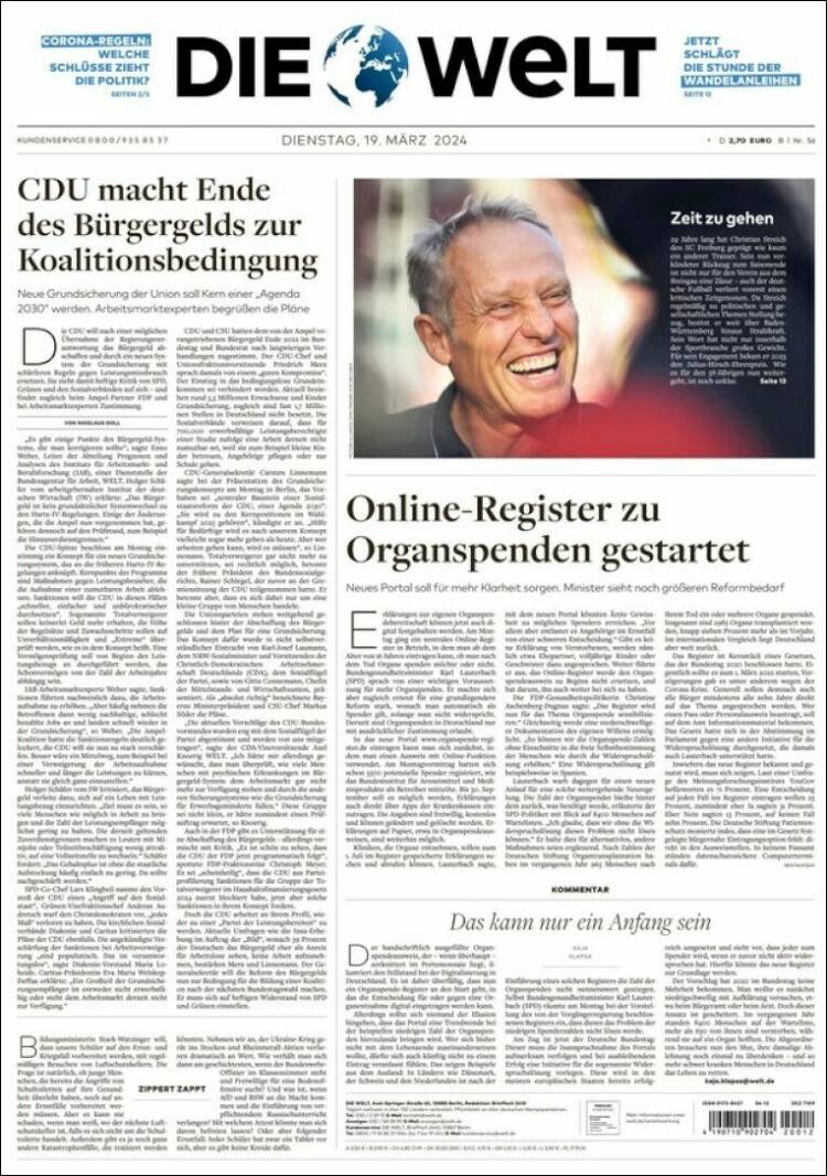 Portada de Die Welt (Alemania)