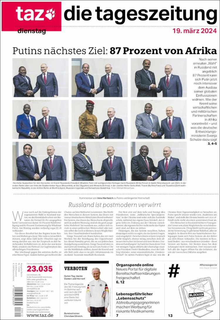 Portada de Die Tageszeitung (Alemania)