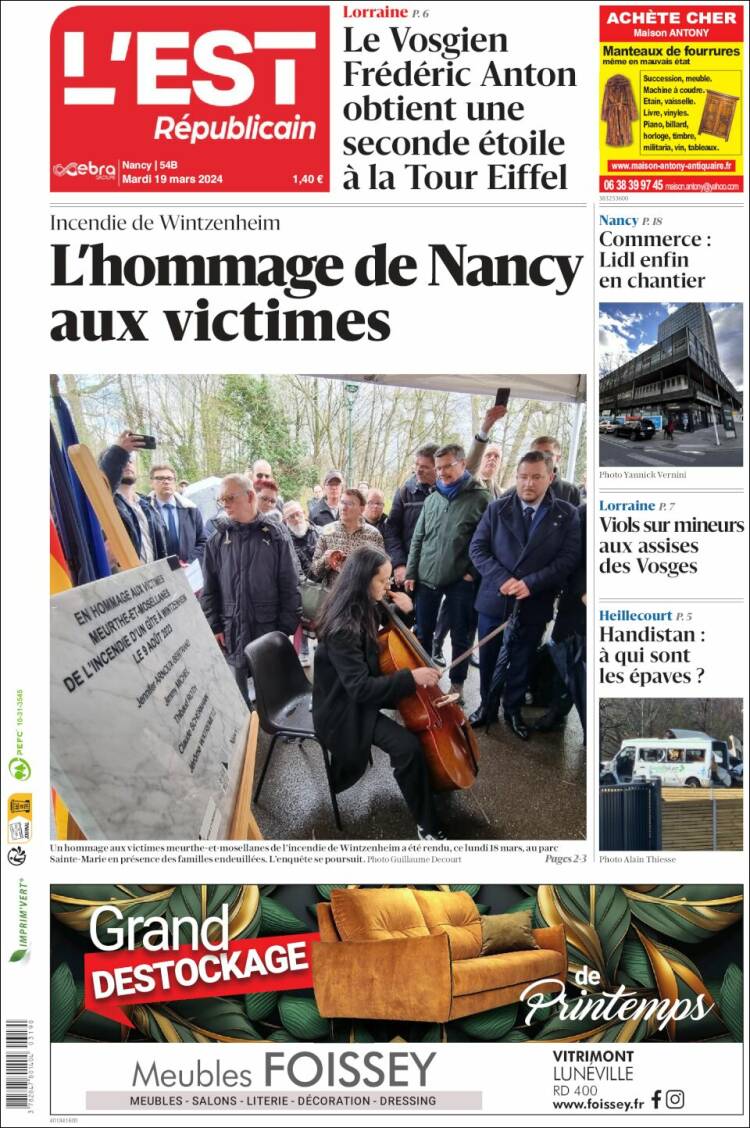 Portada de L'Est Republicain (Francia)