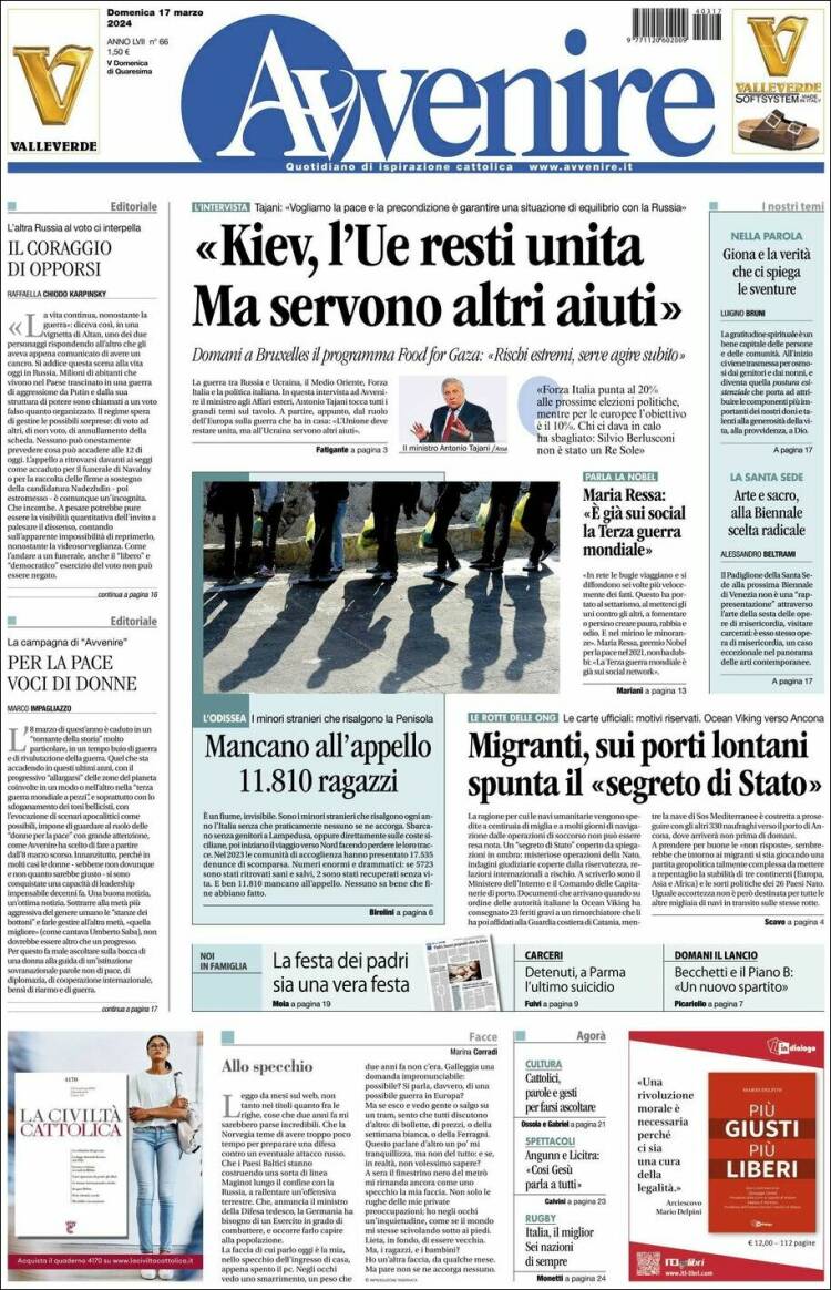 Portada de Avvenire (Italia)