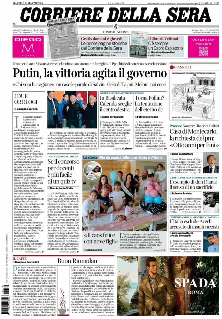 Portada de Corriere della Sera (Italia)