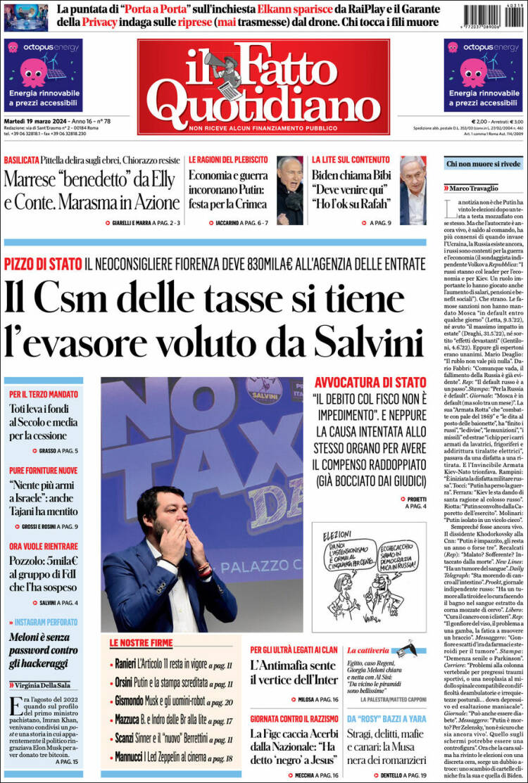 Portada de Il Fatto Quotidiano (Italia)