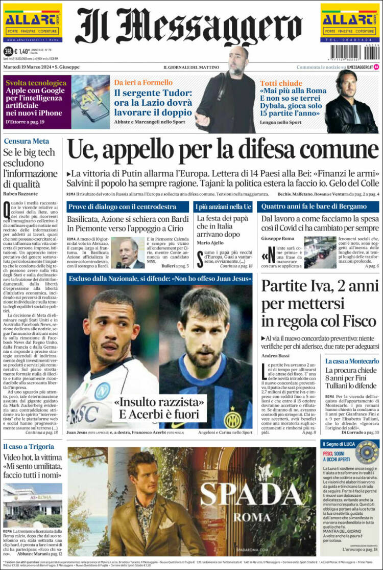 Portada de Il Messaggero (Italia)