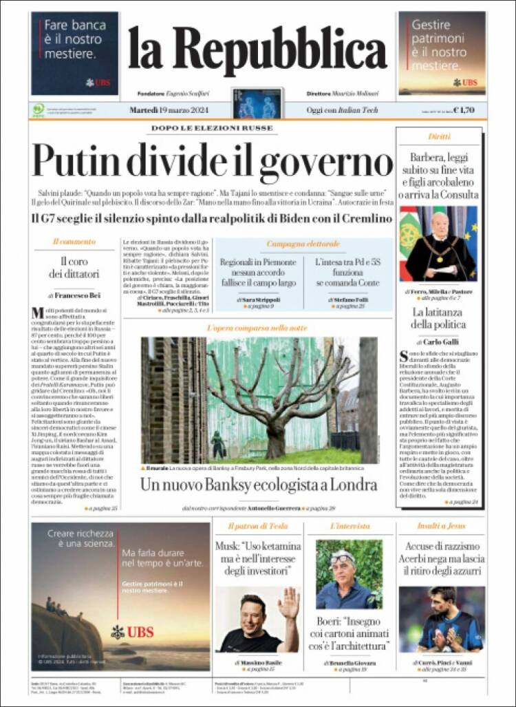 Portada de La Repubblica (Italia)