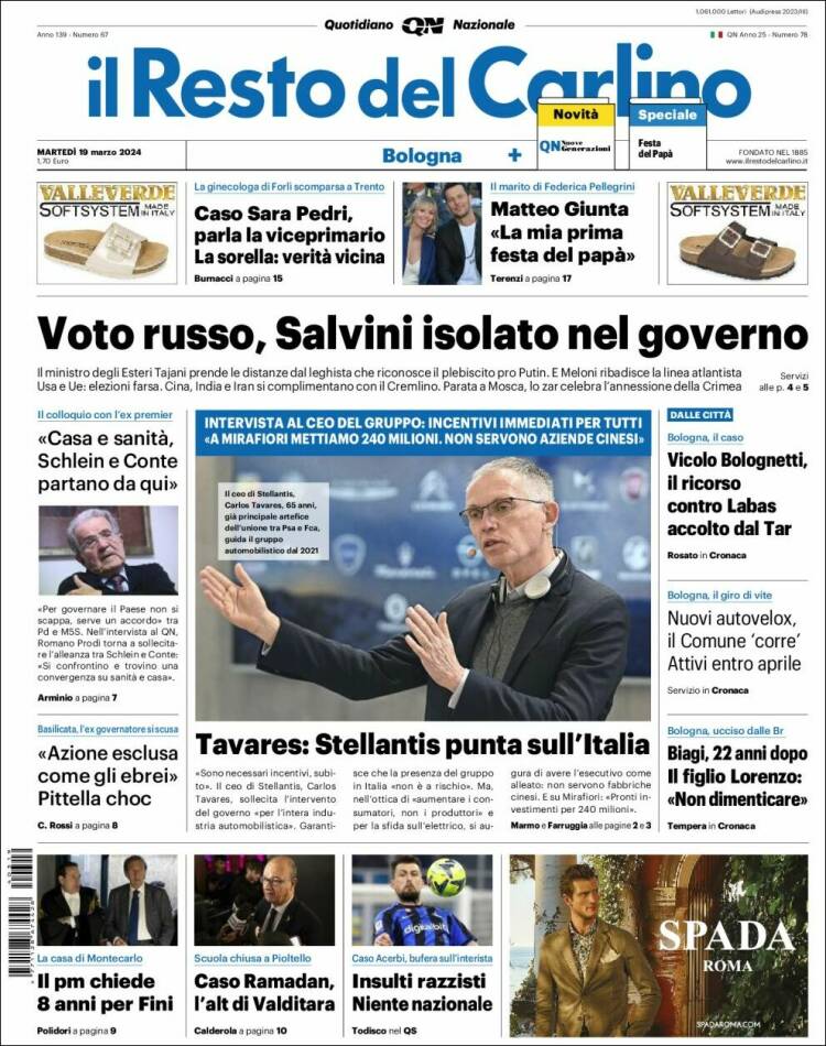 Portada de Il Resto del Carlino (Italia)