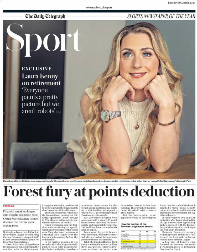 Portada de Telegraph Sport (Reino Unido)