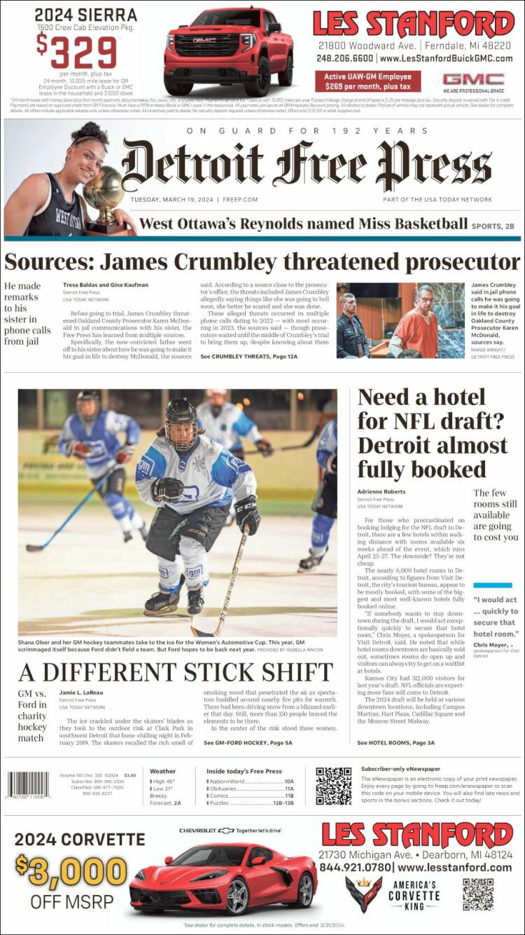 Portada de Detroit Free Press (USA)