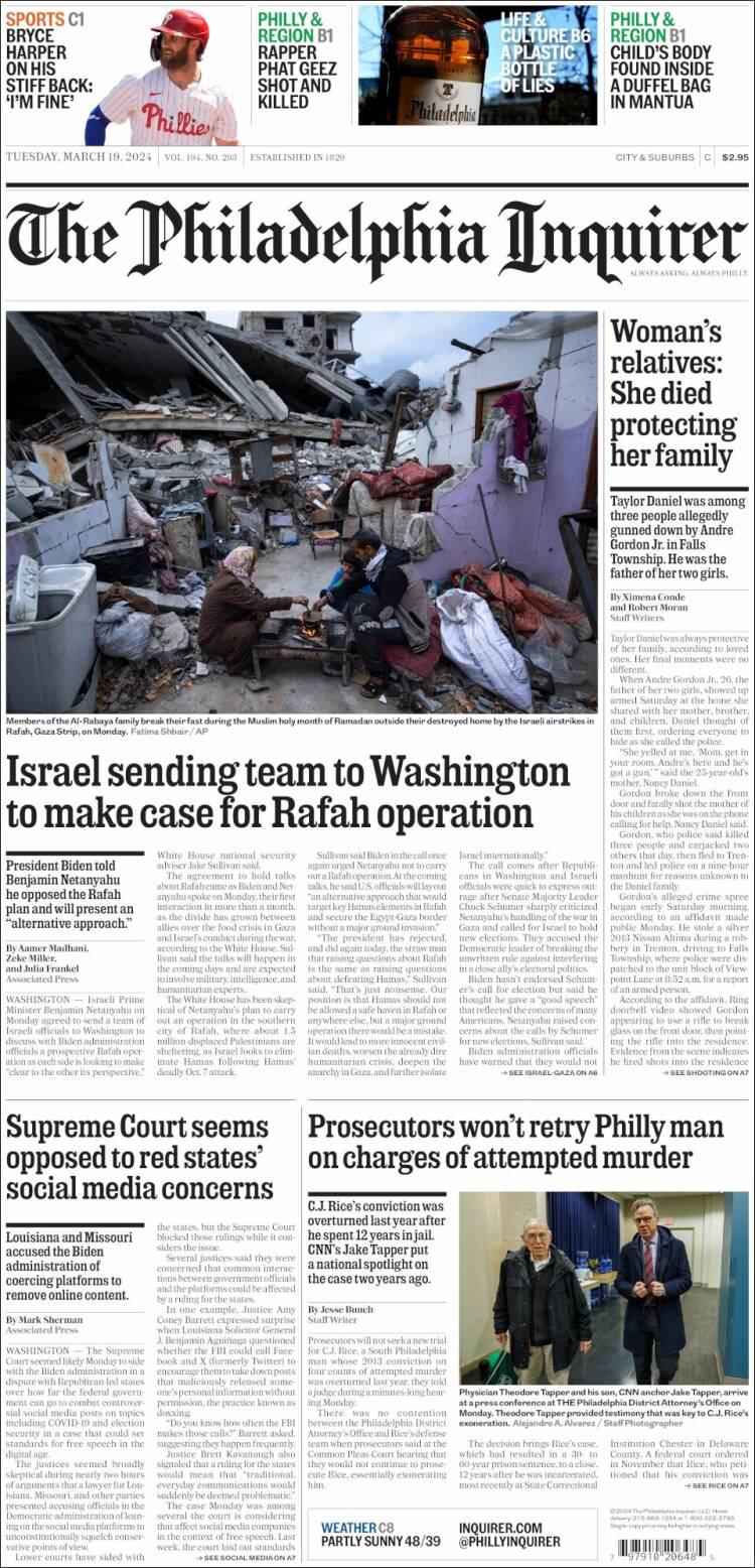 Portada de Philadelphia Inquirer (USA)