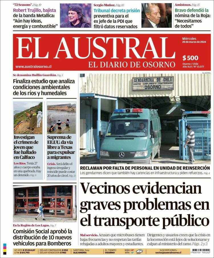 Portada de El Austral de Osorno (Chile)