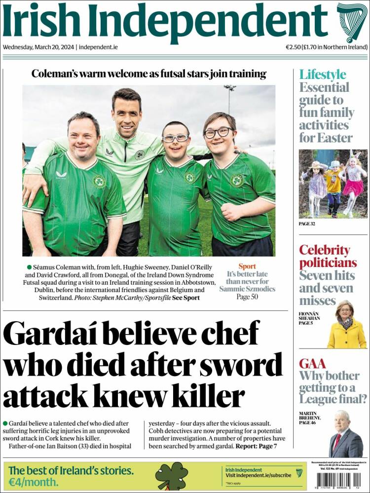 Portada de Irish Independent (Irlanda)