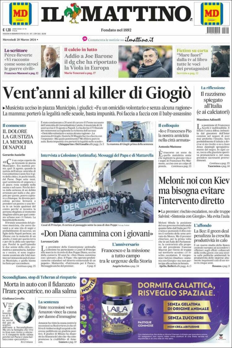 Portada de Il Mattino (Italia)