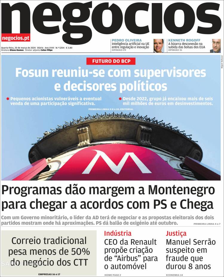 Portada de Jornal de Negócios (Portugal)