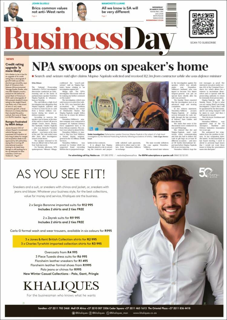 Portada de Business Day (Sud&aacute;frica)