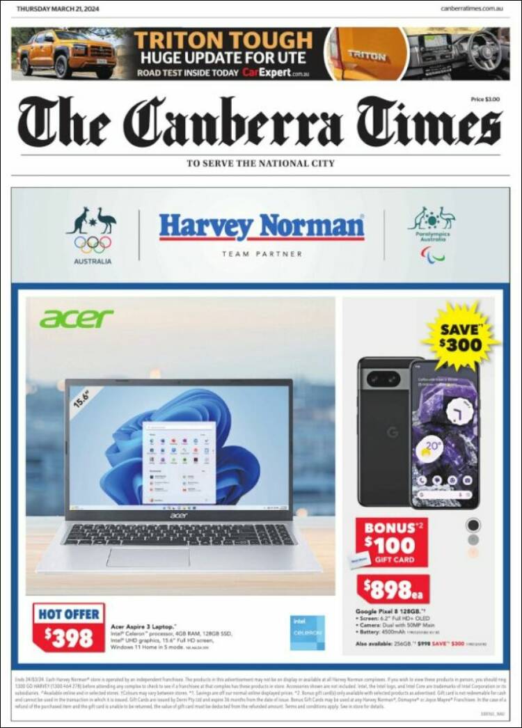 Portada de The Canberra Times (Australia)