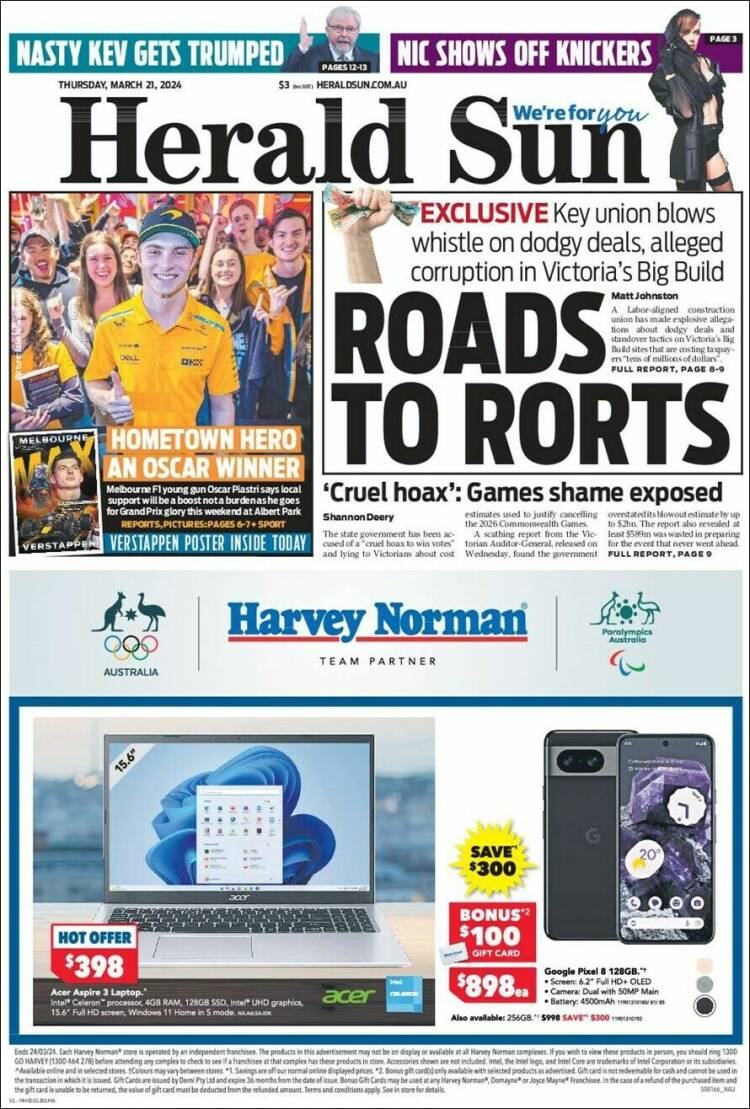 Portada de Herald Sun (Australia)