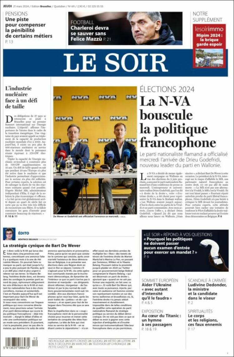 Portada de Le Soir (B&eacute;lgica)