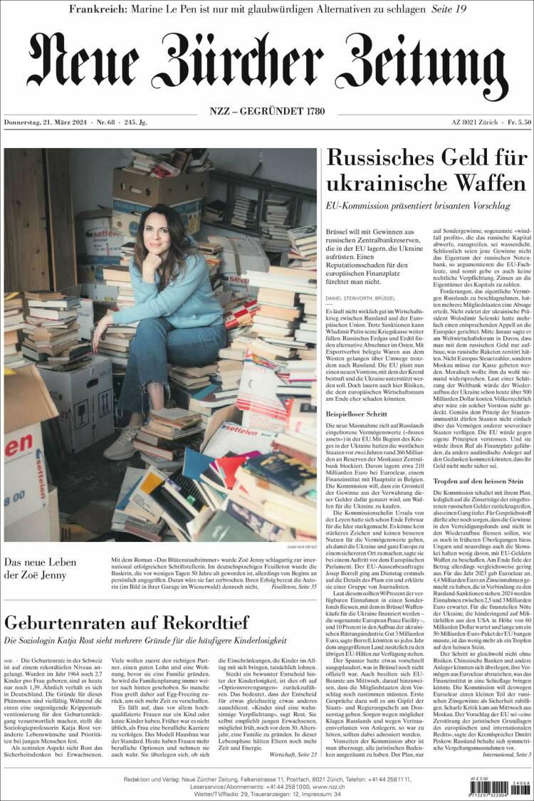 Portada de Neue Zürcher Zeitung (Suiza)