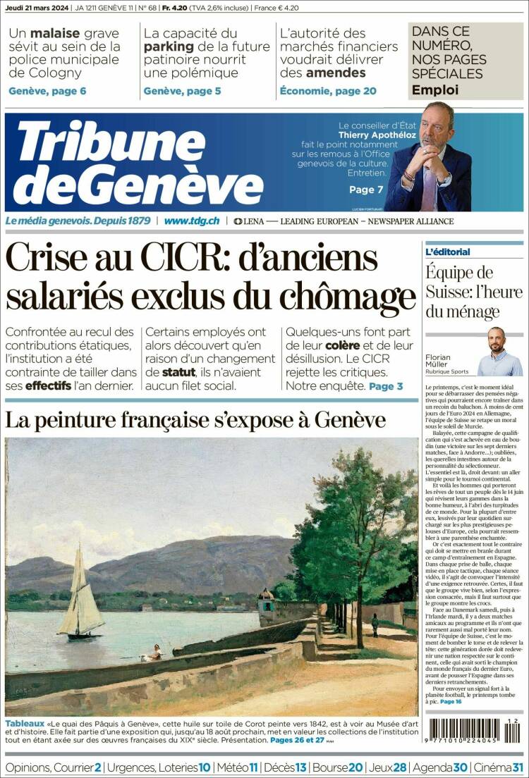 Portada de La Tribune de Genève (Suiza)