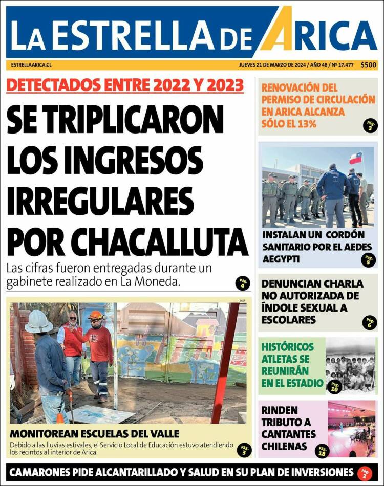 Portada de La Estrella de Arica (Chile)