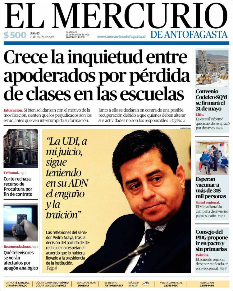 Portada de El Mercurio de Antofagasta (Chile)