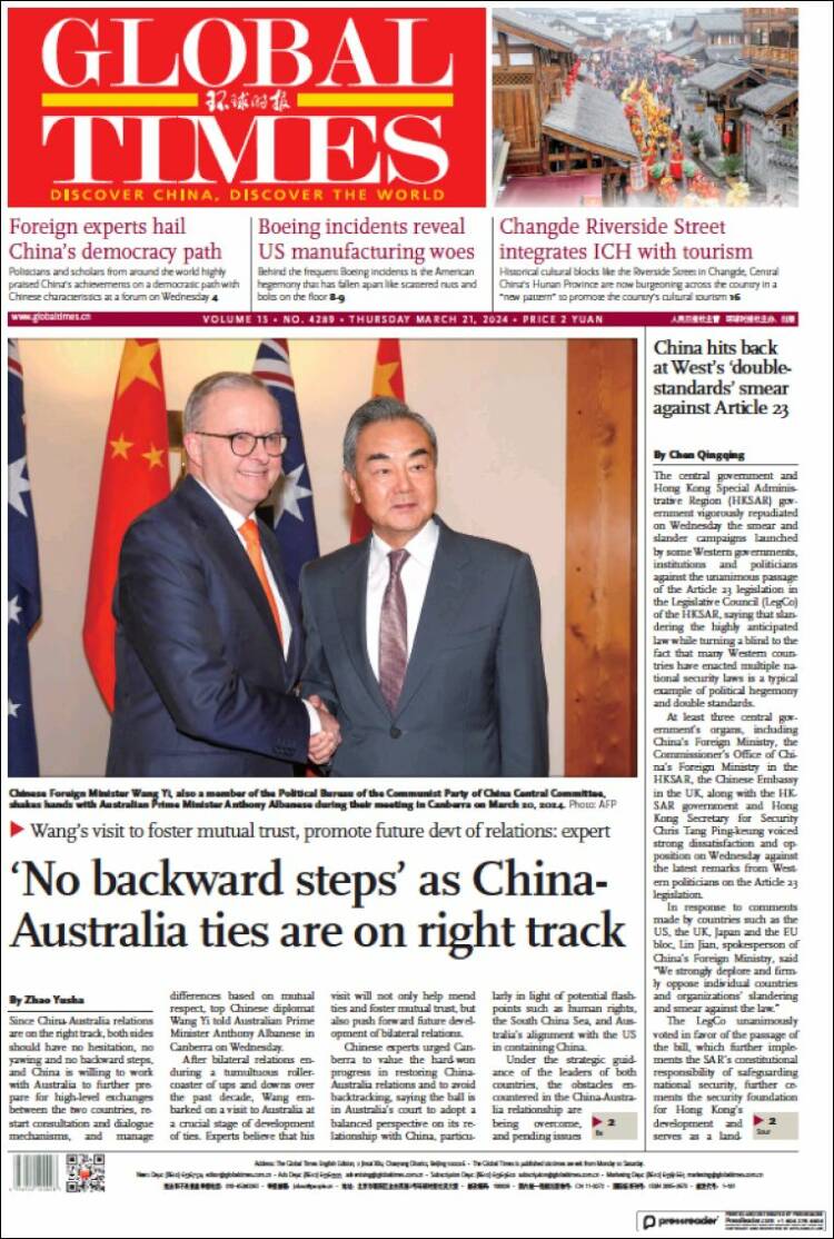 Portada de The Global Times (China)