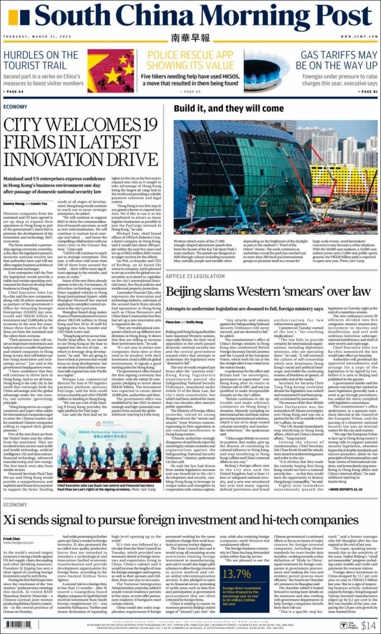 Portada de South China Morning Post (China)