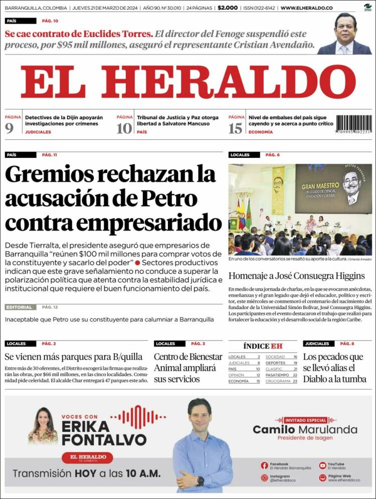 Portada de El Heraldo (Colombia)