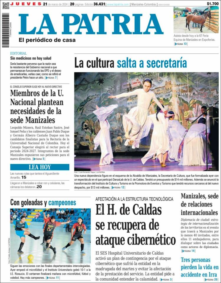 Portada de La Patria (Colombia)