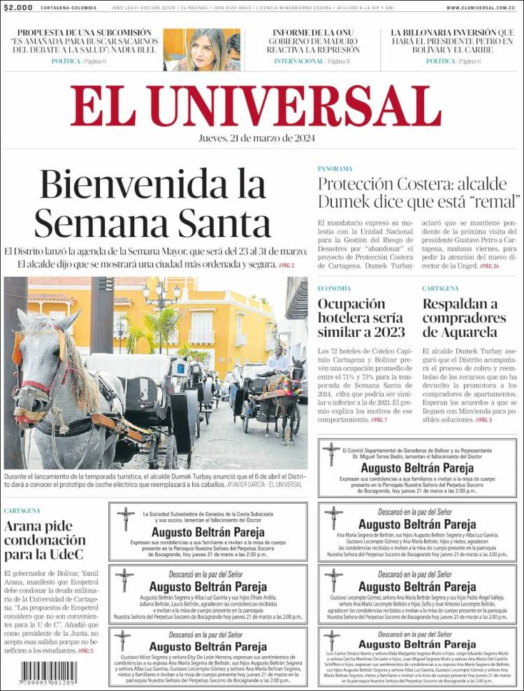 Portada de El Universal (Colombia)