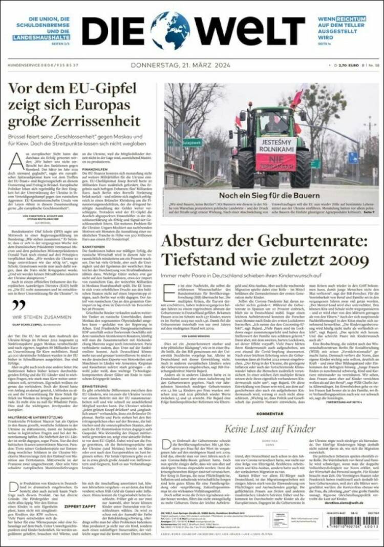 Portada de Die Welt (Alemania)