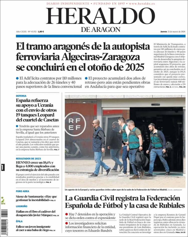 Portada de Heraldo de Aragón (España)