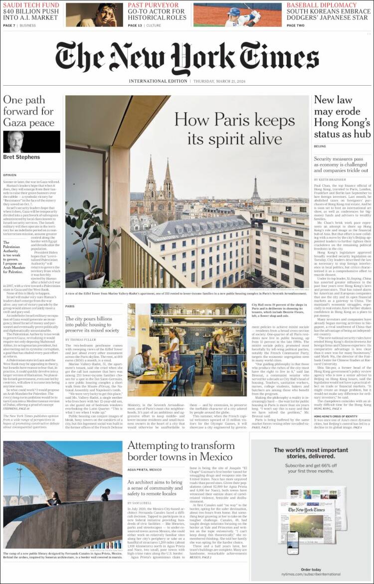Portada de International New York Times (Europa)